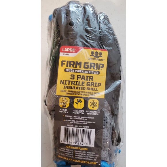 Firm Grip Winter Nitrile Grip Gloves With Insulated Shell (3 Pairs) - LARGE - Picture 1 of 5